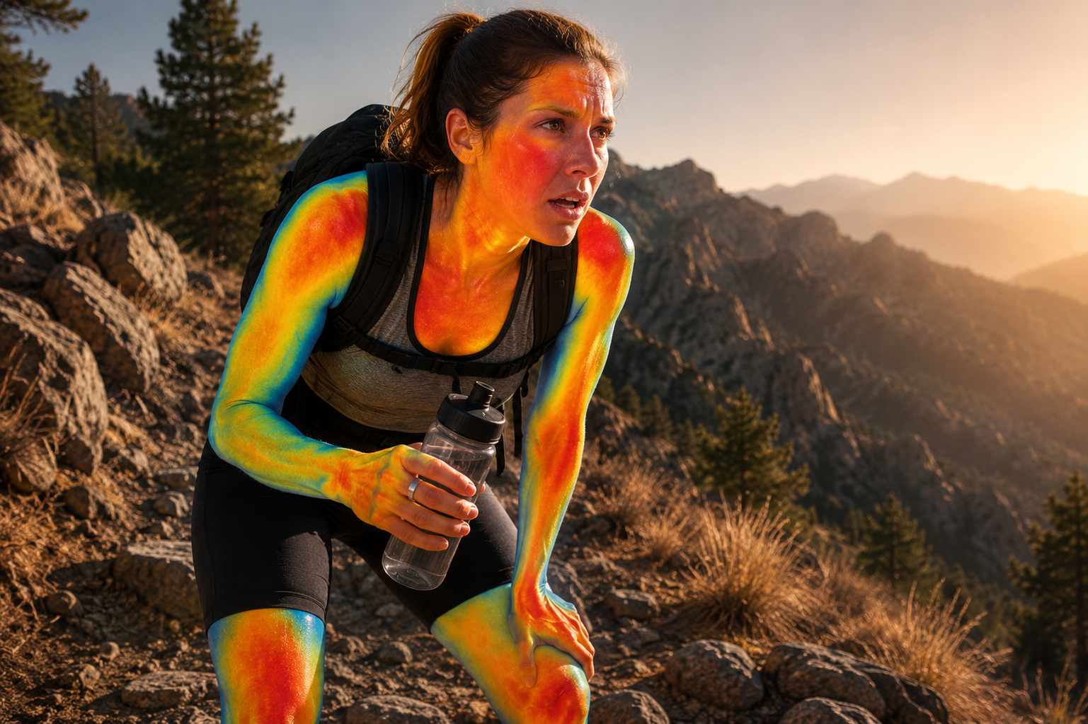 Outdoor athlete checking heart rate mid-hike in the summer heat next to the Herz P1 Smart Ring