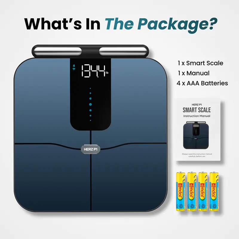 What's in the package: 1x Smart Scale, 1x manual, 4x AAA batteries